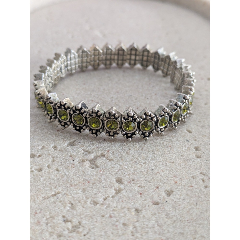 Ornate Silver Tone Stretch Bracelet with Olive Green Rhinestones Boho Style